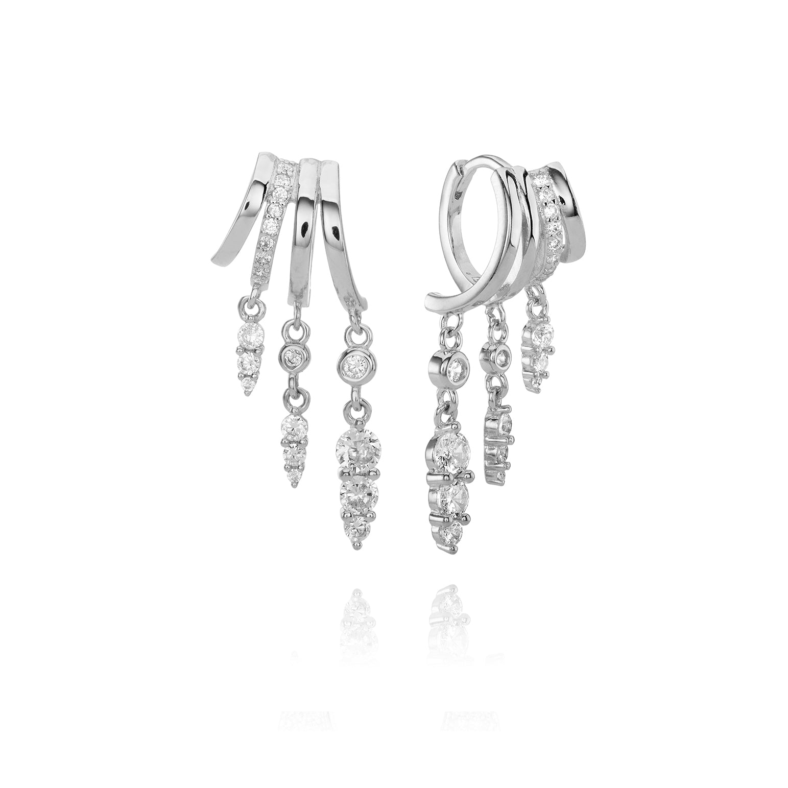 White gold hoop earrings with cascading diamond embellishments.