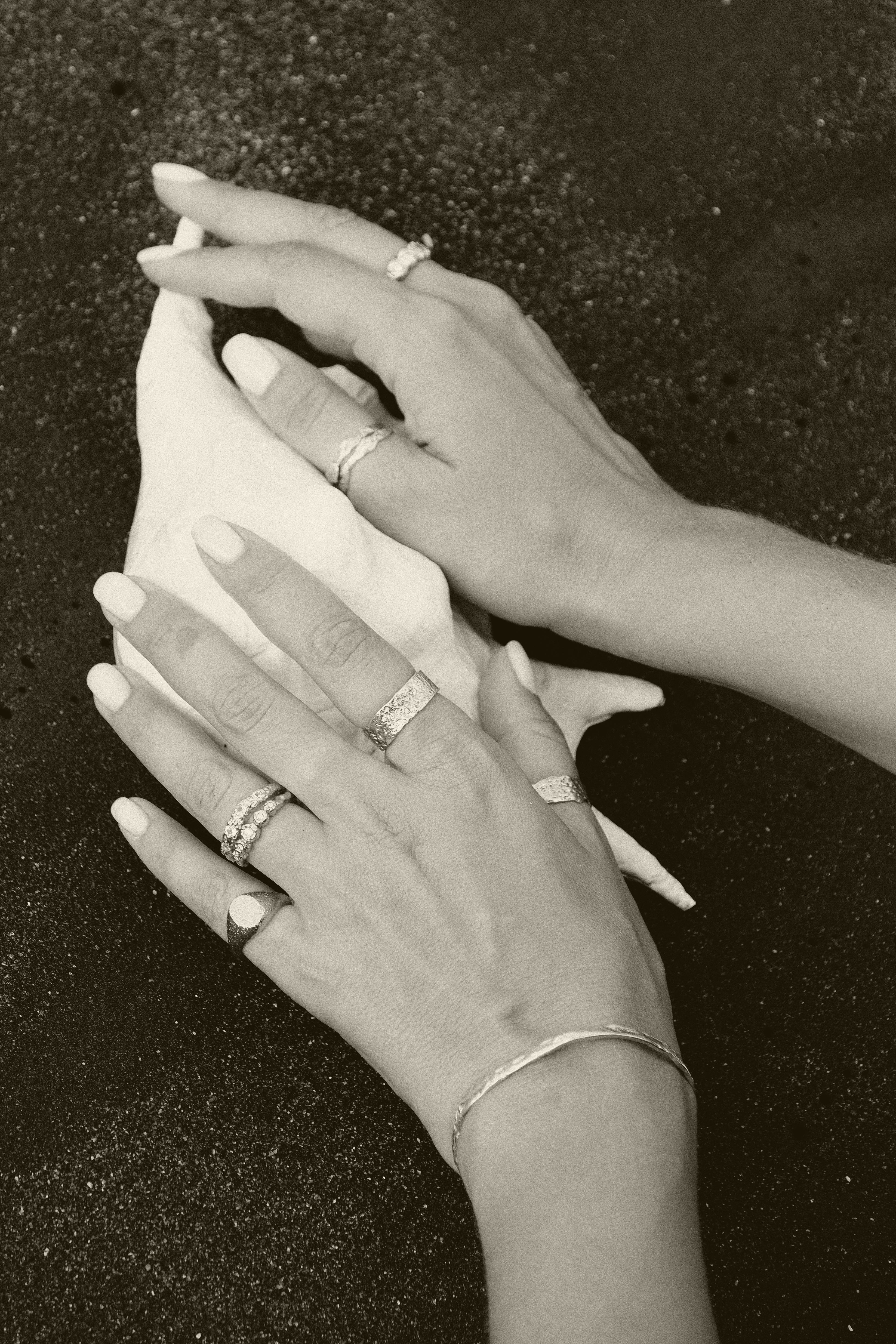 Elegant hands adorned with multiple rings and a bracelet, holding a seashell on a dark textured surface.