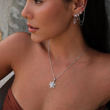 A beautiful model wearing Silver layered ear cuff set with chains and a silver chain with pendant.