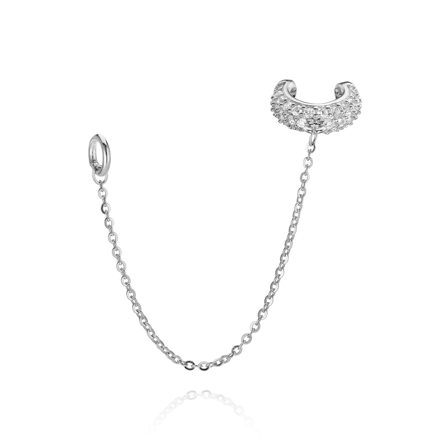 Silver ear cuff with single chain and crystal details.