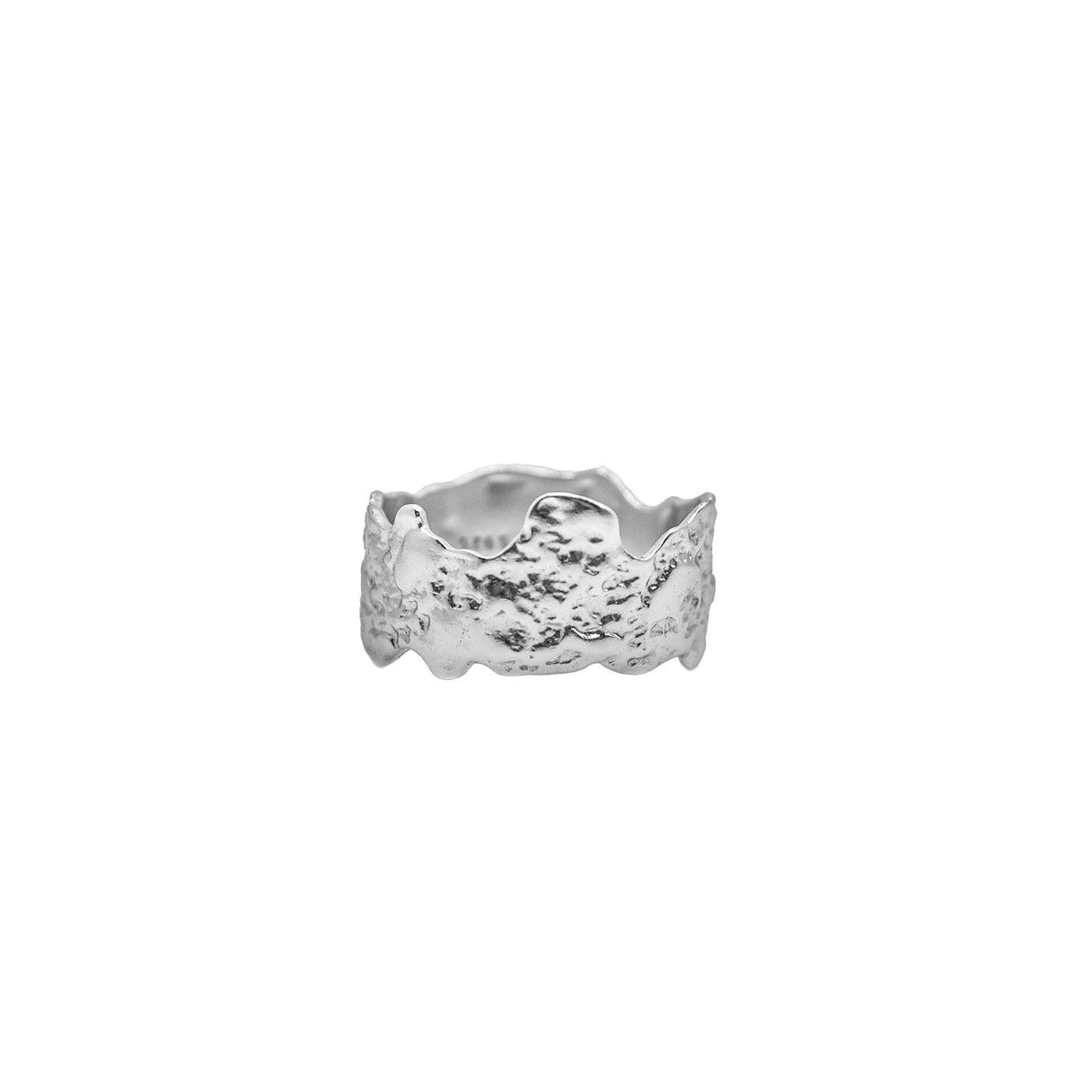Silver wide band ring with an uneven, rugged texture.