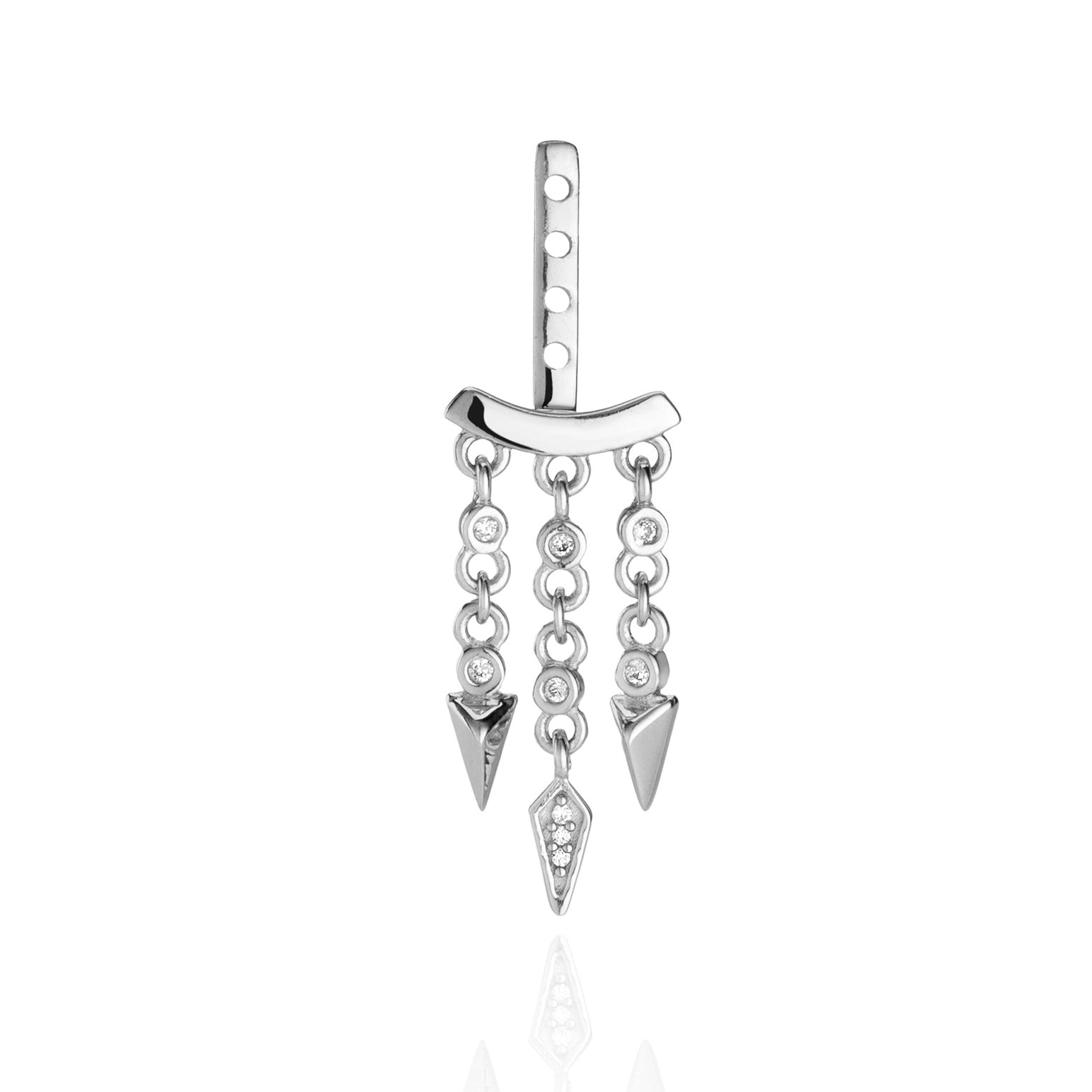 Silver earring with dangling chain and arrow charms. (BG- White)