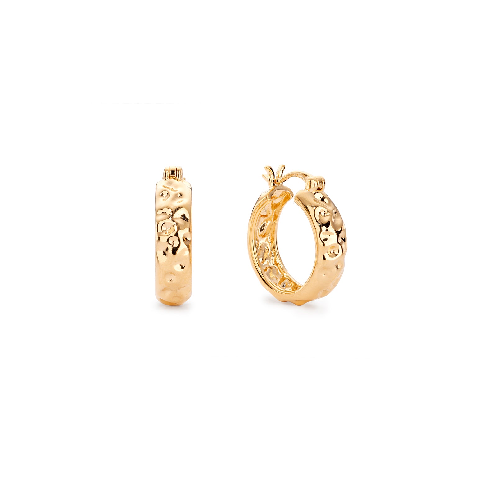Gold hammered hoop earrings with a bold texture.