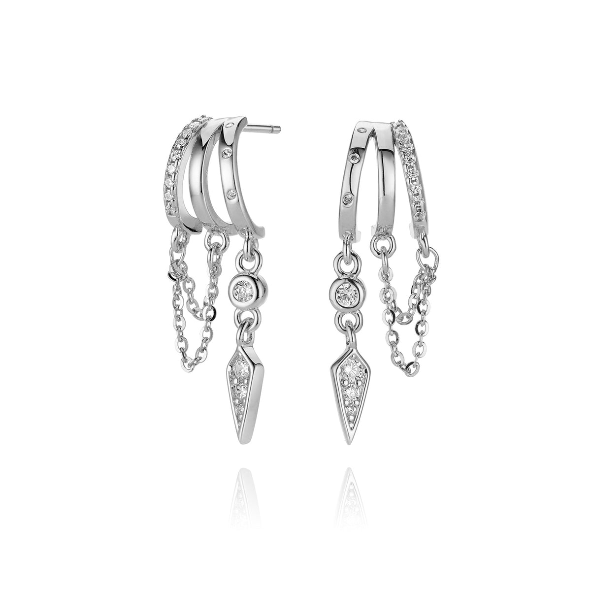 Silver double hoop earring with chain and pointed charm.