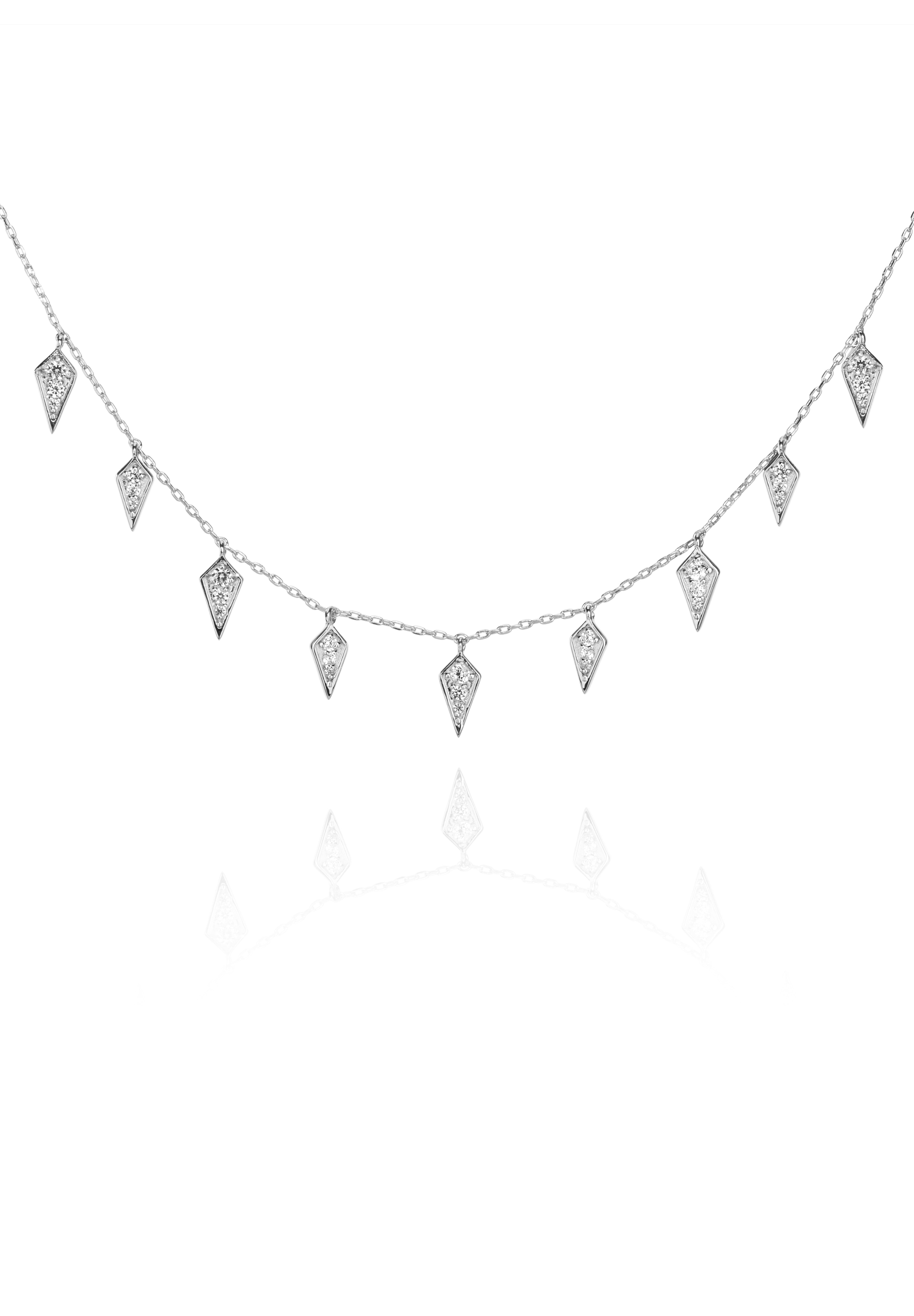Silver necklace with diamond-shaped charms on a fine chain.