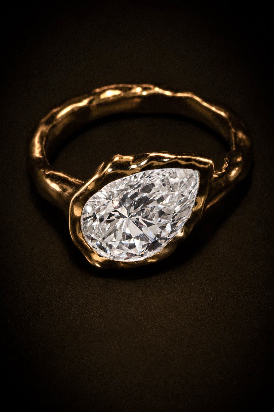 Molten Pear Ring - Solid Gold with Moissanite