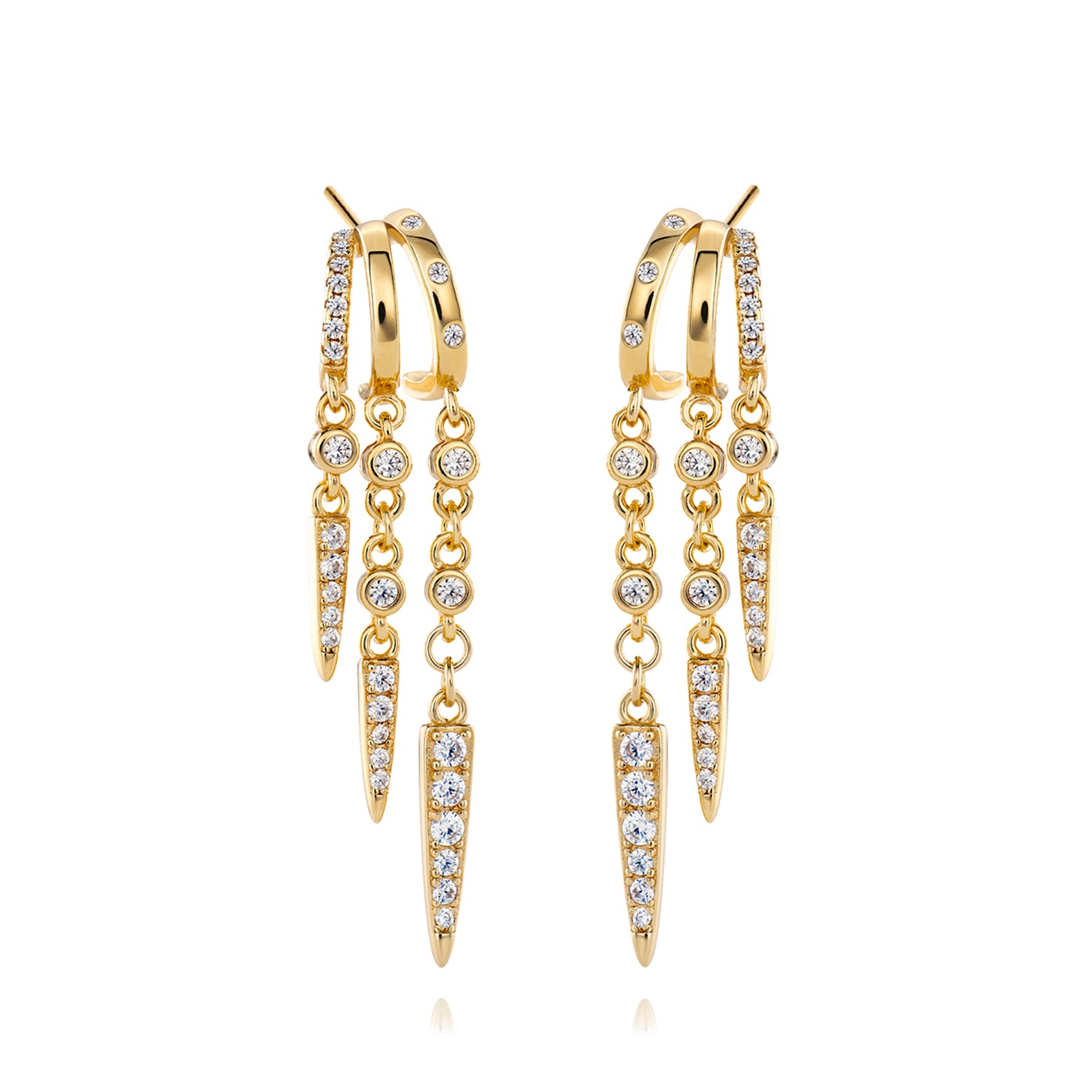 Gold triple-chain drop earrings with sparkling crystals.
