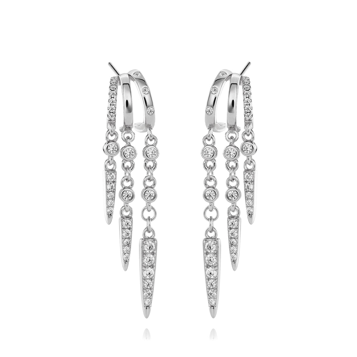 Silver triple-chain drop earrings with sparkling crystals.