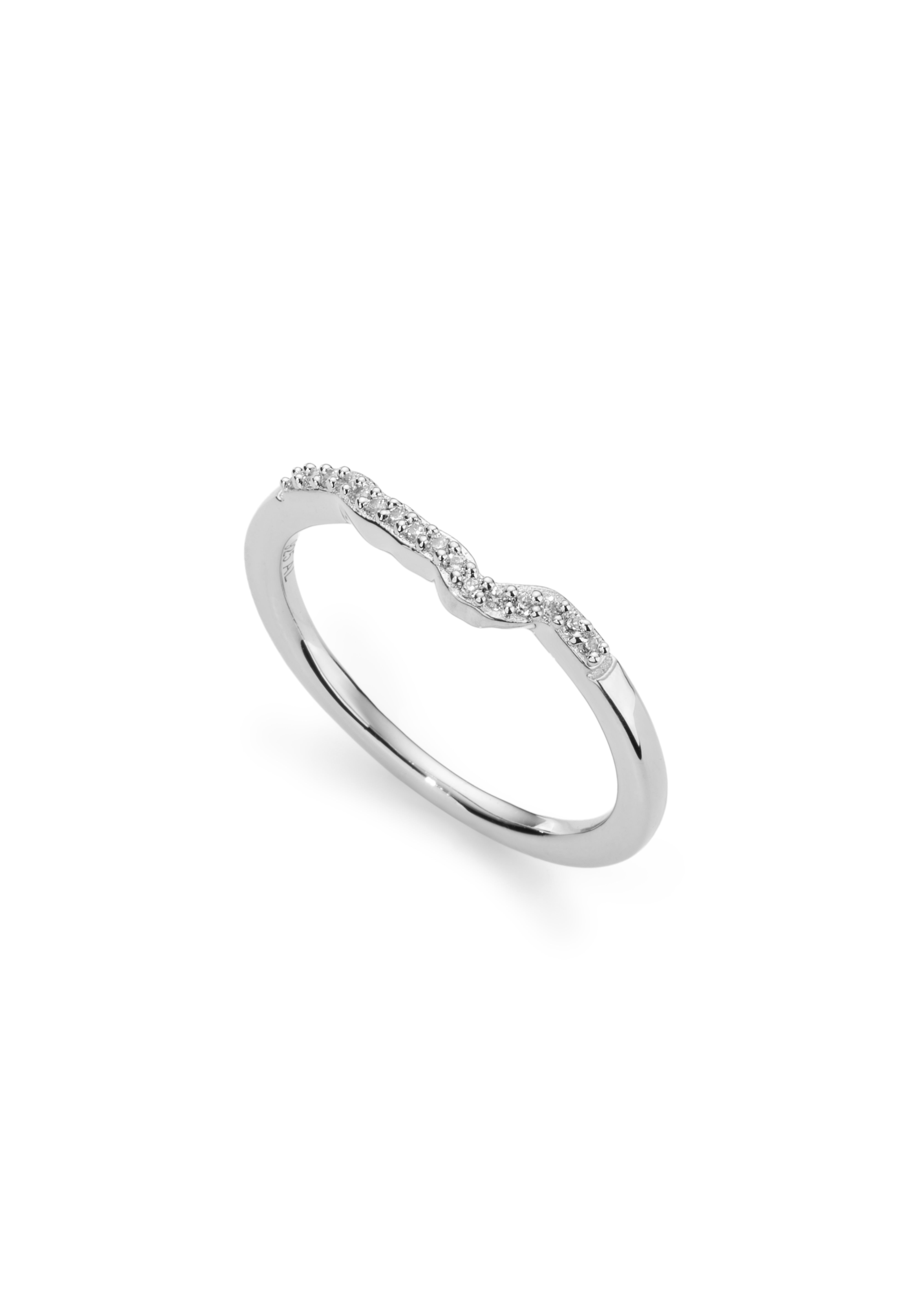 Delicate silver ring with a subtle wavy diamond design.