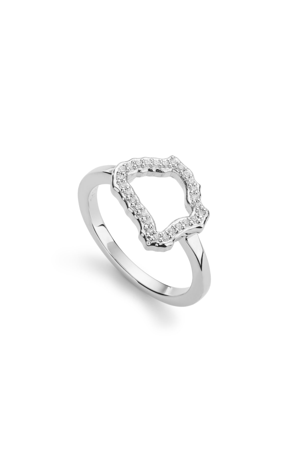Silver ring with an open, irregular diamond-shaped design.