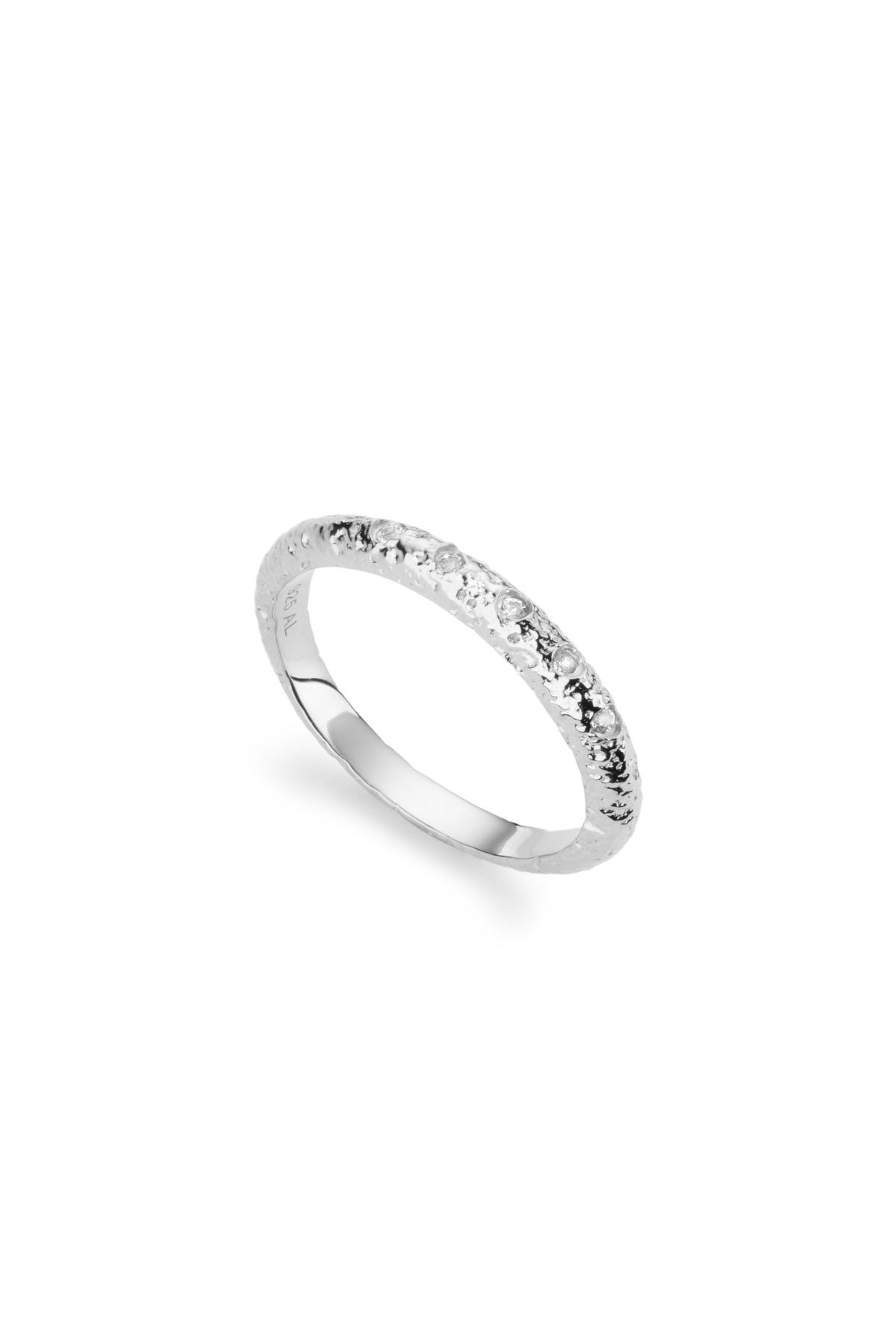 Textured silver ring with sparkling diamonds