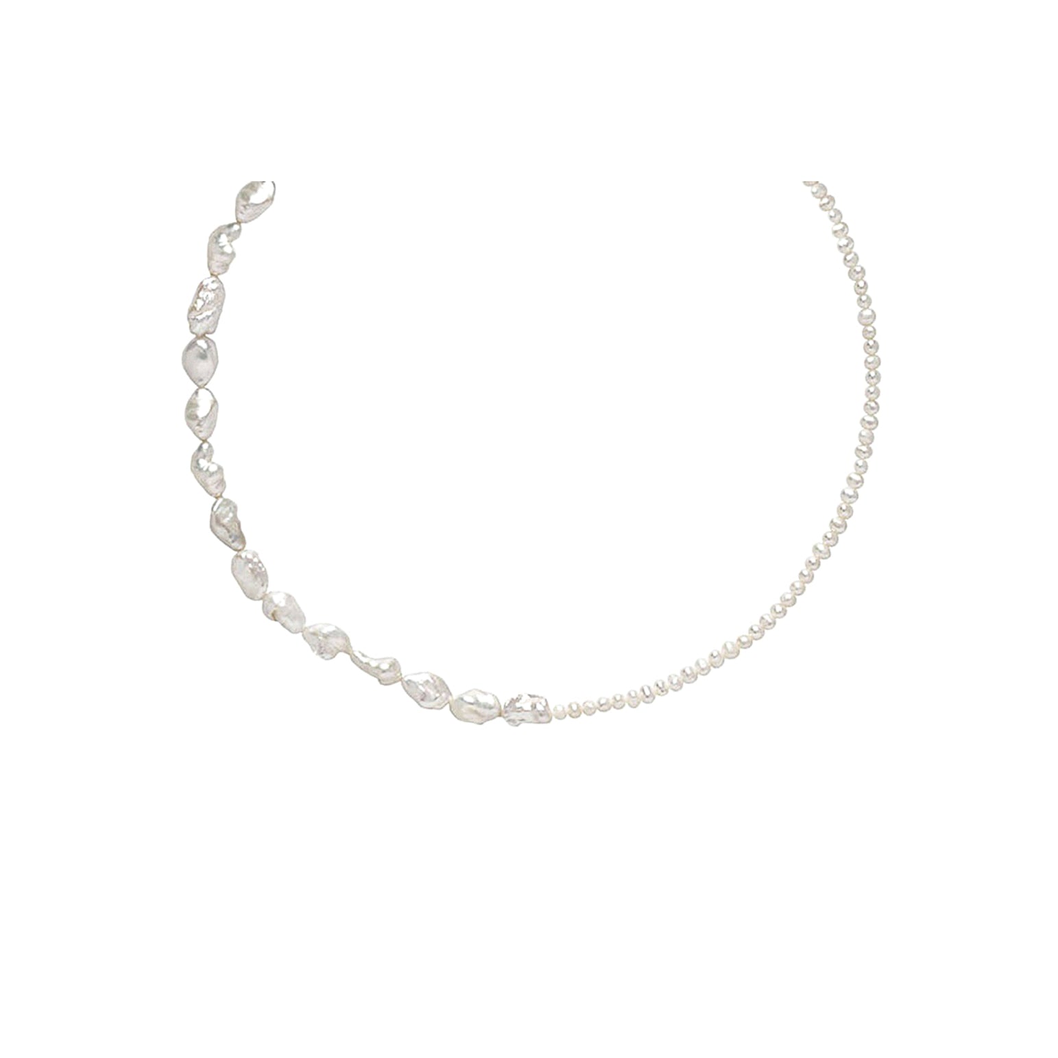 Asymmetrical pearl necklace with varying pearl sizes.
