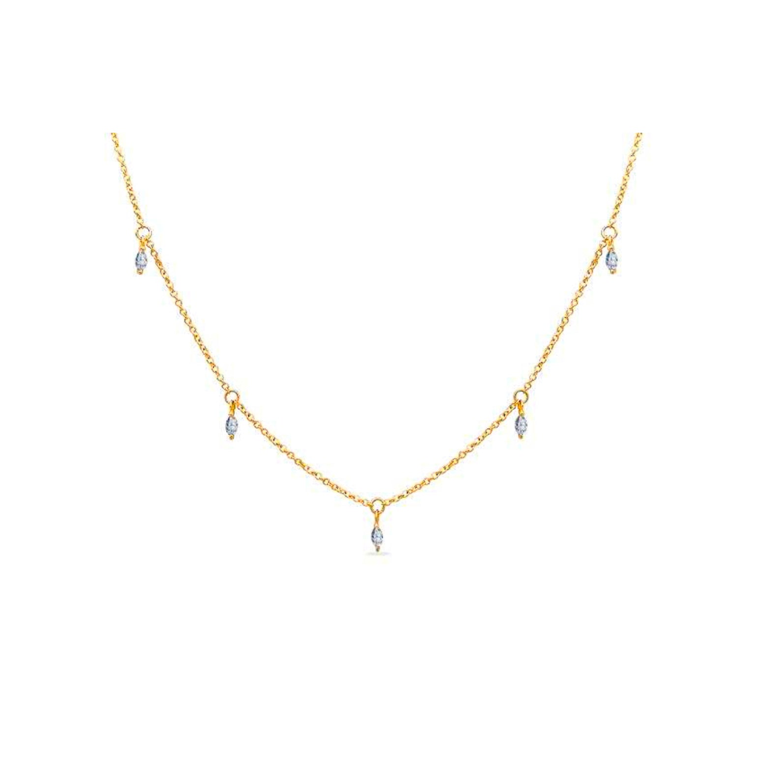 Gold chain necklace with dangling gemstones.
