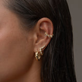A woman's ear adorned with multiple gold earrings.