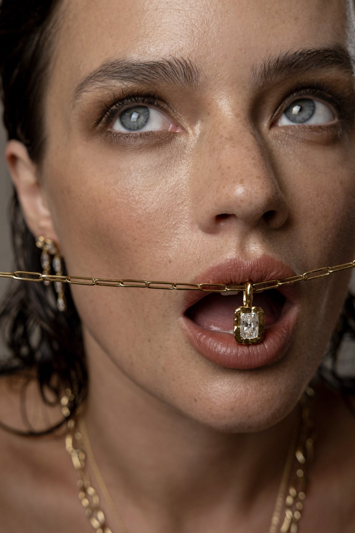 Model wearing Molten Square Pendant (moissanite), Paperlink Chain