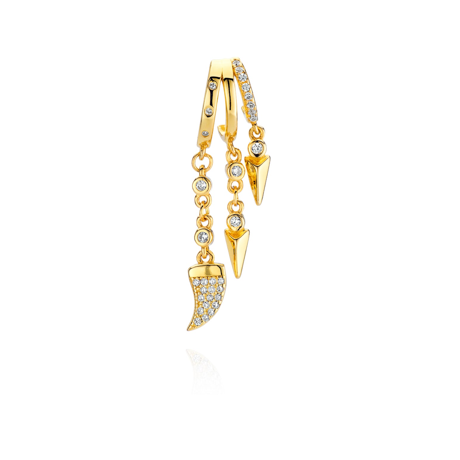 Gold spike and fang cuff earring with dangling crystal accents for a bold look