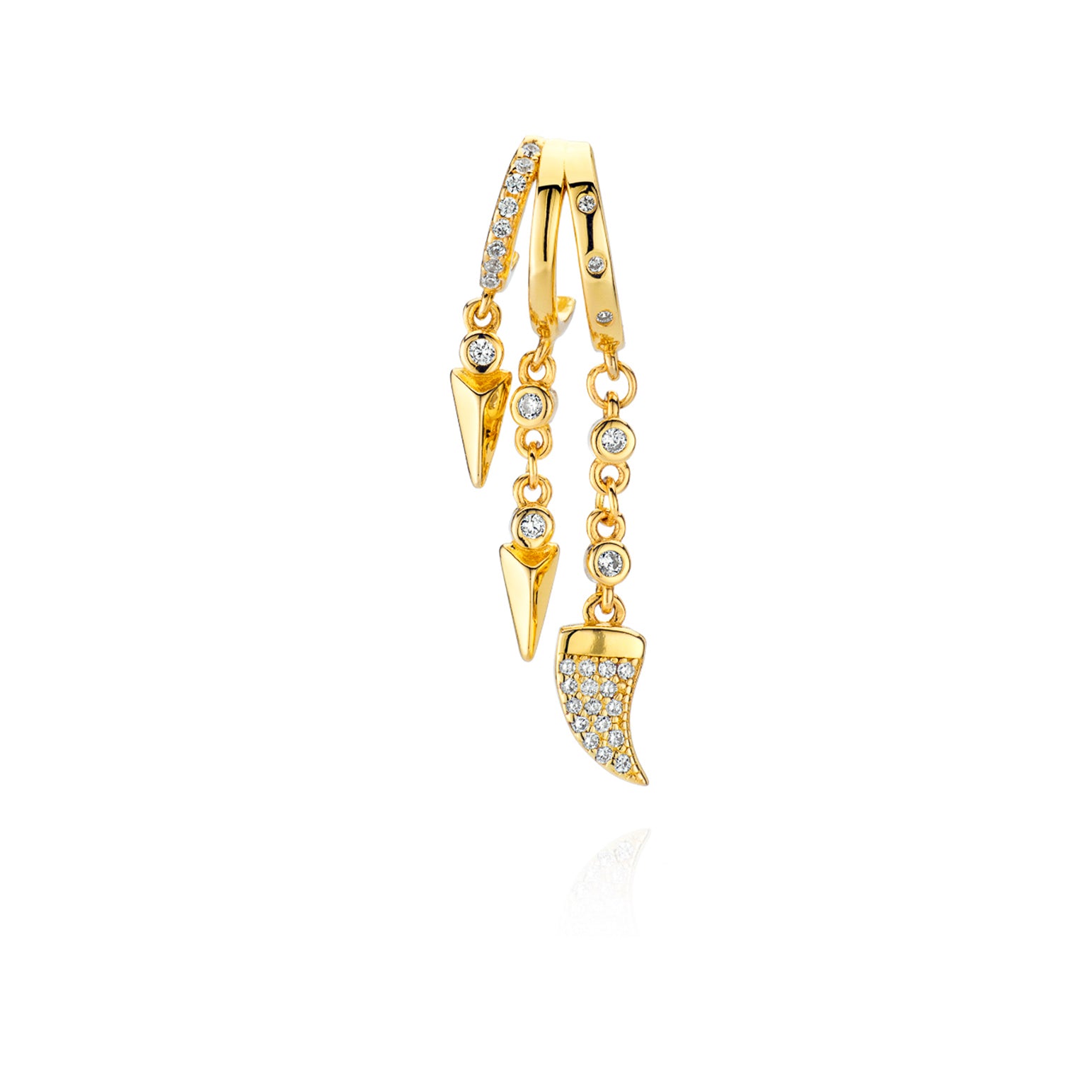 Chic gold spike and fang earring with dazzling crystals for a trendy statement.