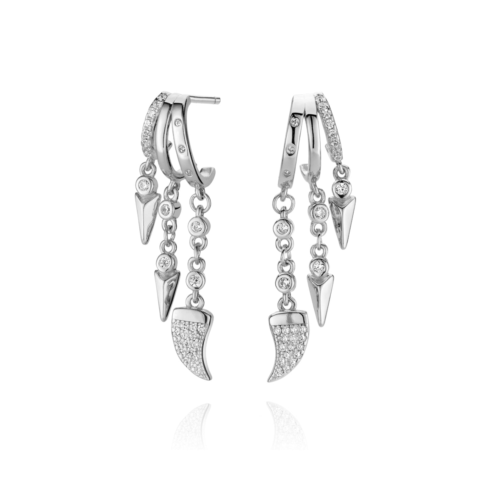 Silver hoop earrings with crystal-encrusted tusk pendants