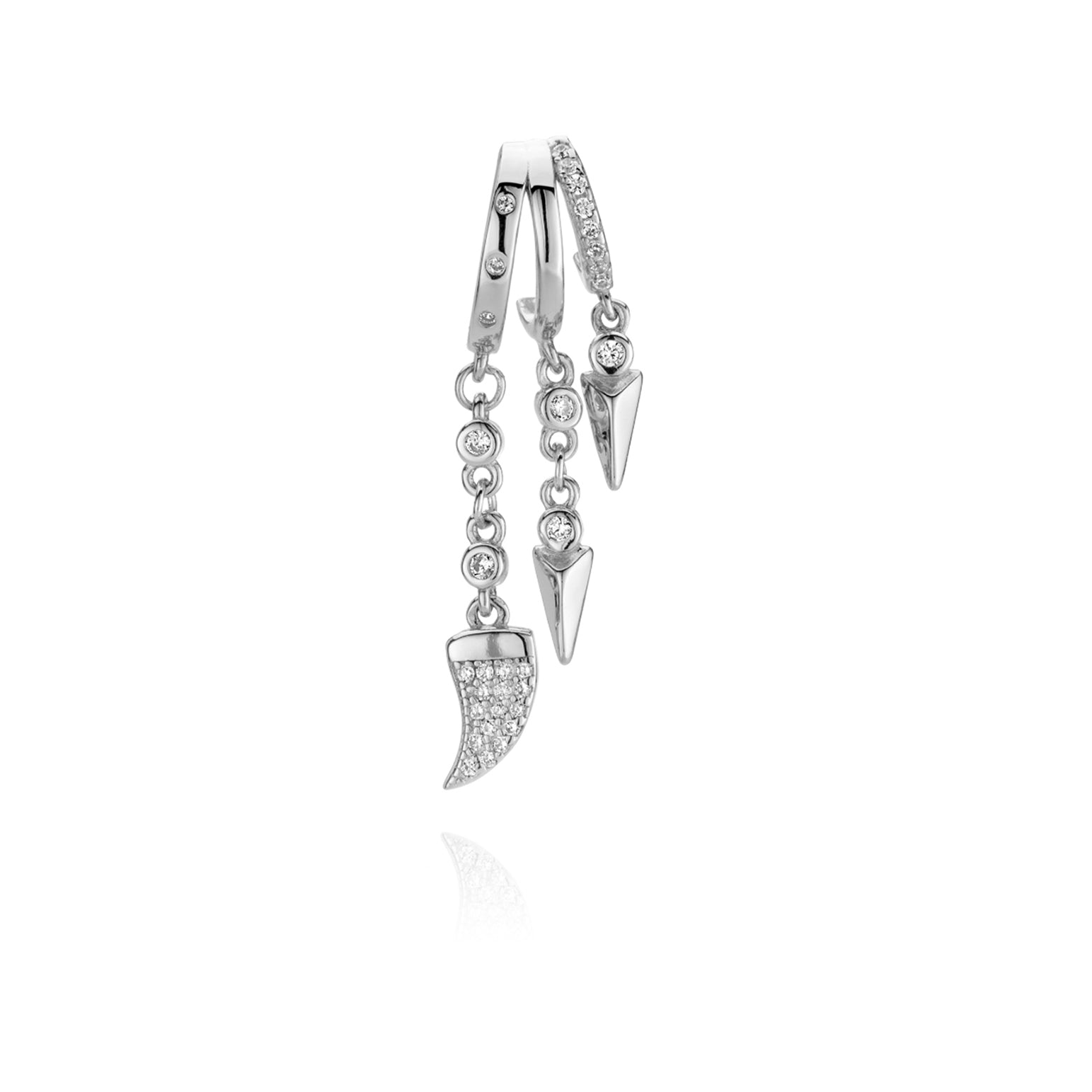 Silver hoop left earrings with crystal-encrusted tusk pendants