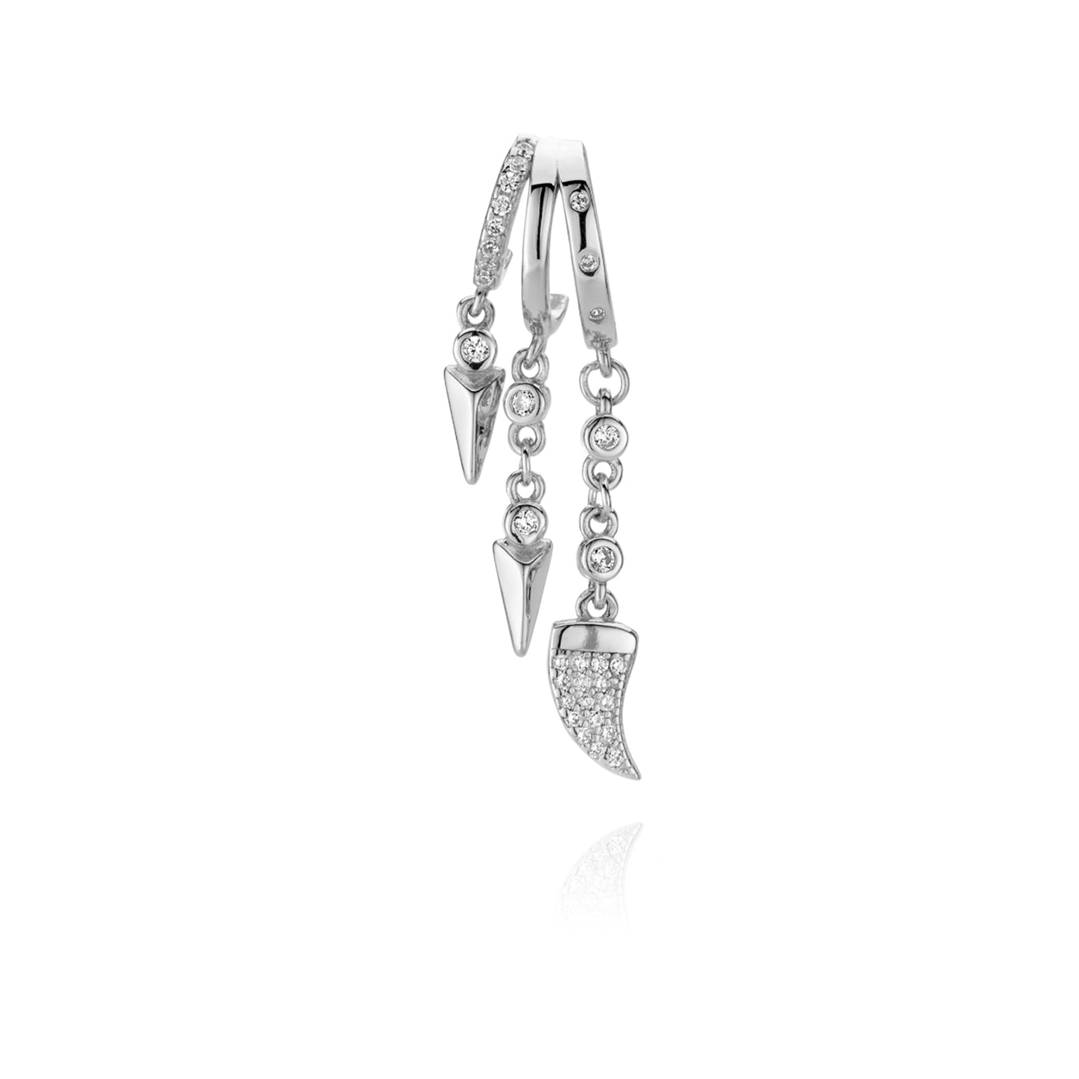 Single Silver hoop right earring with crystal-encrusted tusk pendants