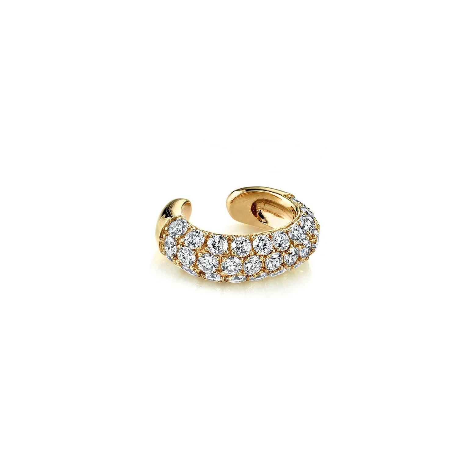 Gold ear cuff with sparkling diamonds in a curved design.