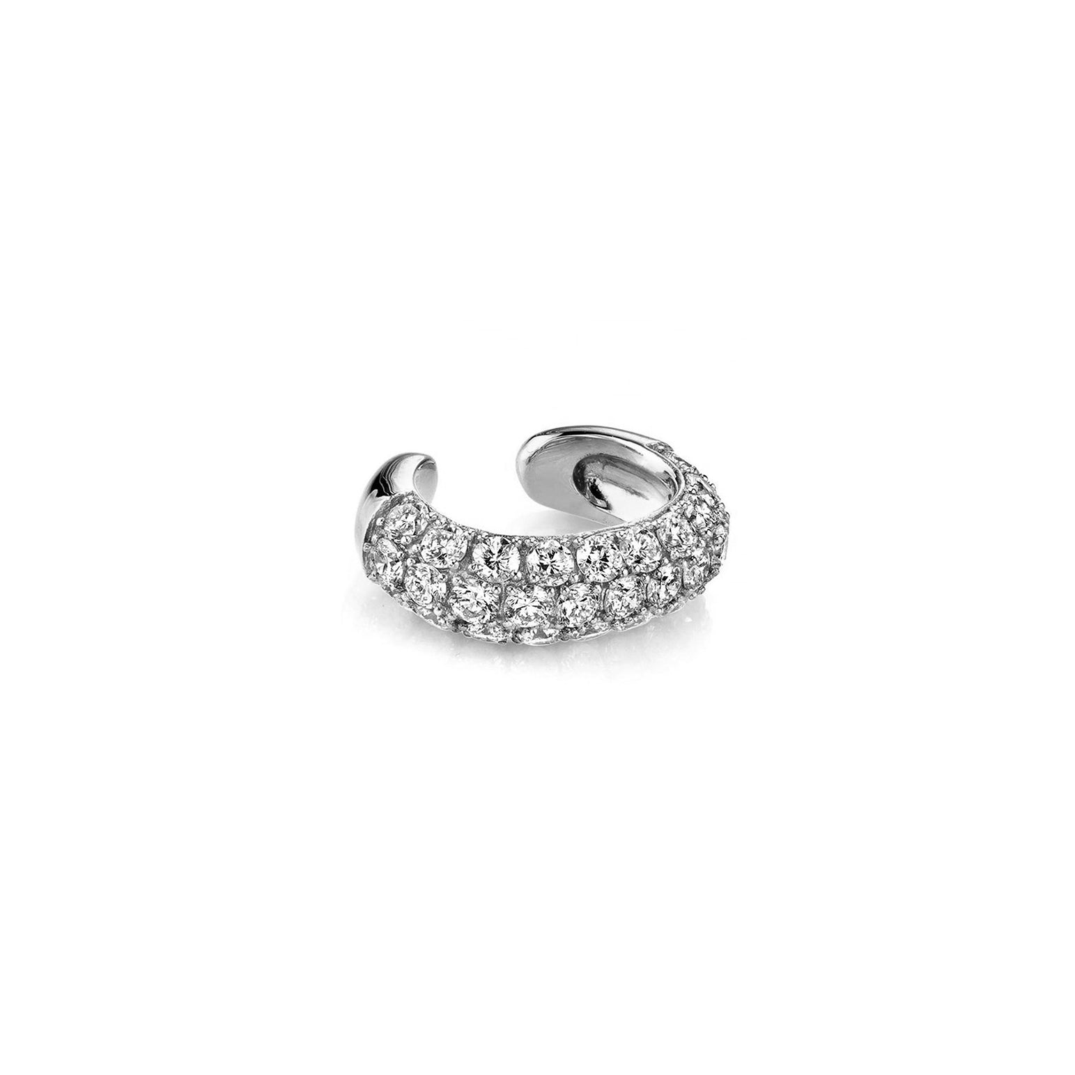 Silver ear cuff with sparkling diamonds in a curved design.