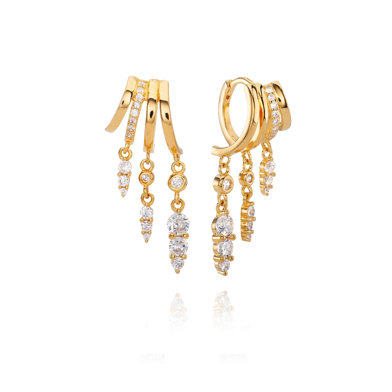 Rose gold hoop earrings with cascading diamond embellishments.
