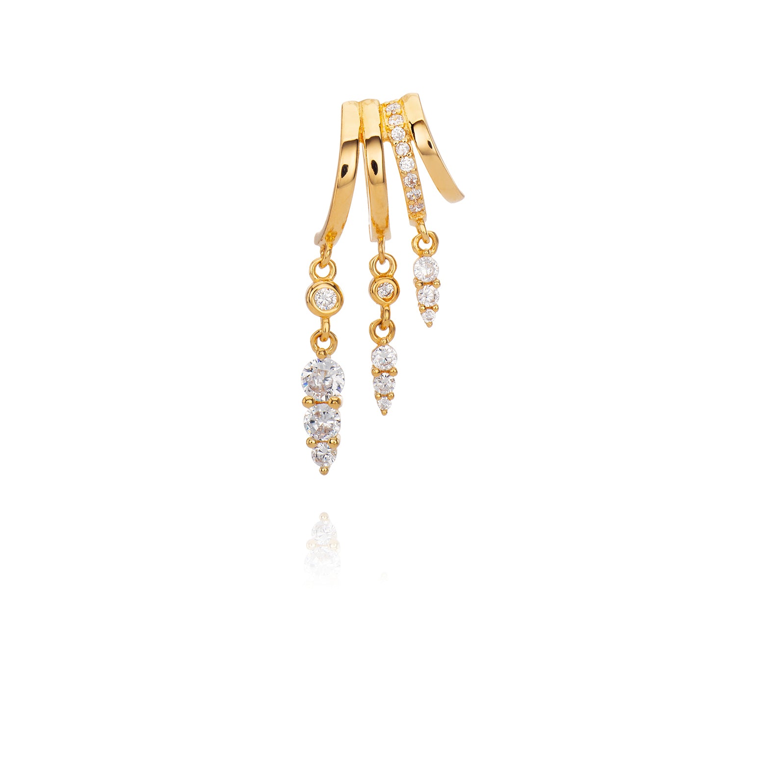 Rose gold triple-band left earrings with sparkling diamond drops.