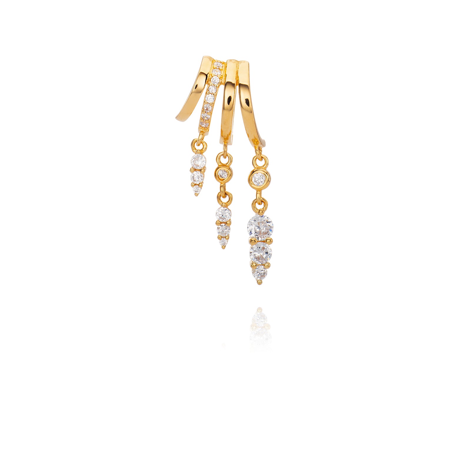 Rose gold triple-band right earrings with sparkling diamond drops.