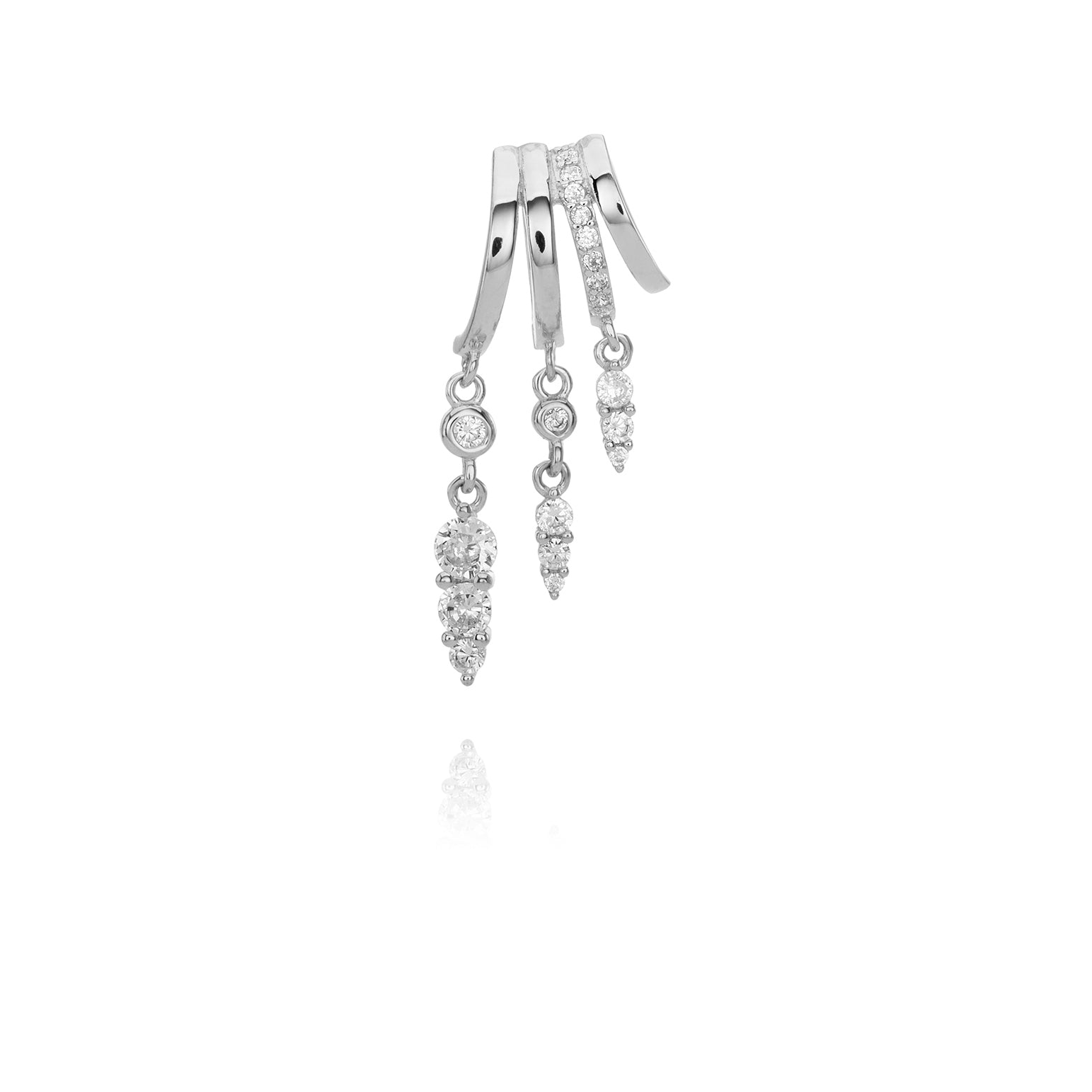 White gold triple-band left earrings with delicate diamond drops.