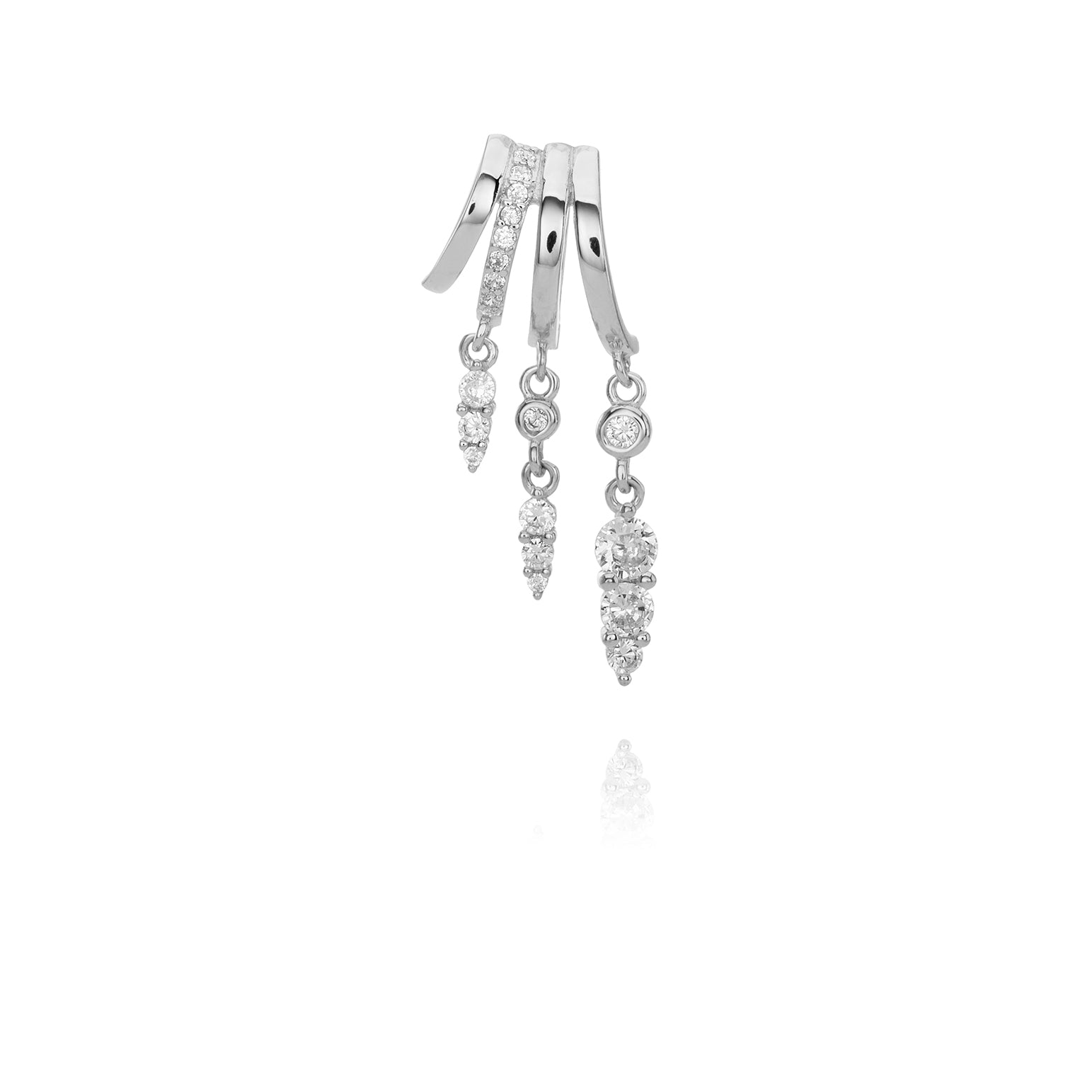 White gold triple-band right earrings with delicate diamond drops.