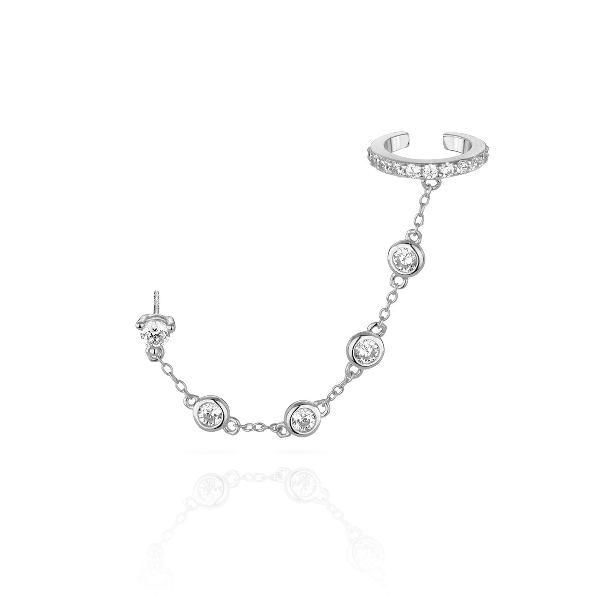 A silver ear cuff linked to a stud by a gemstone chain.