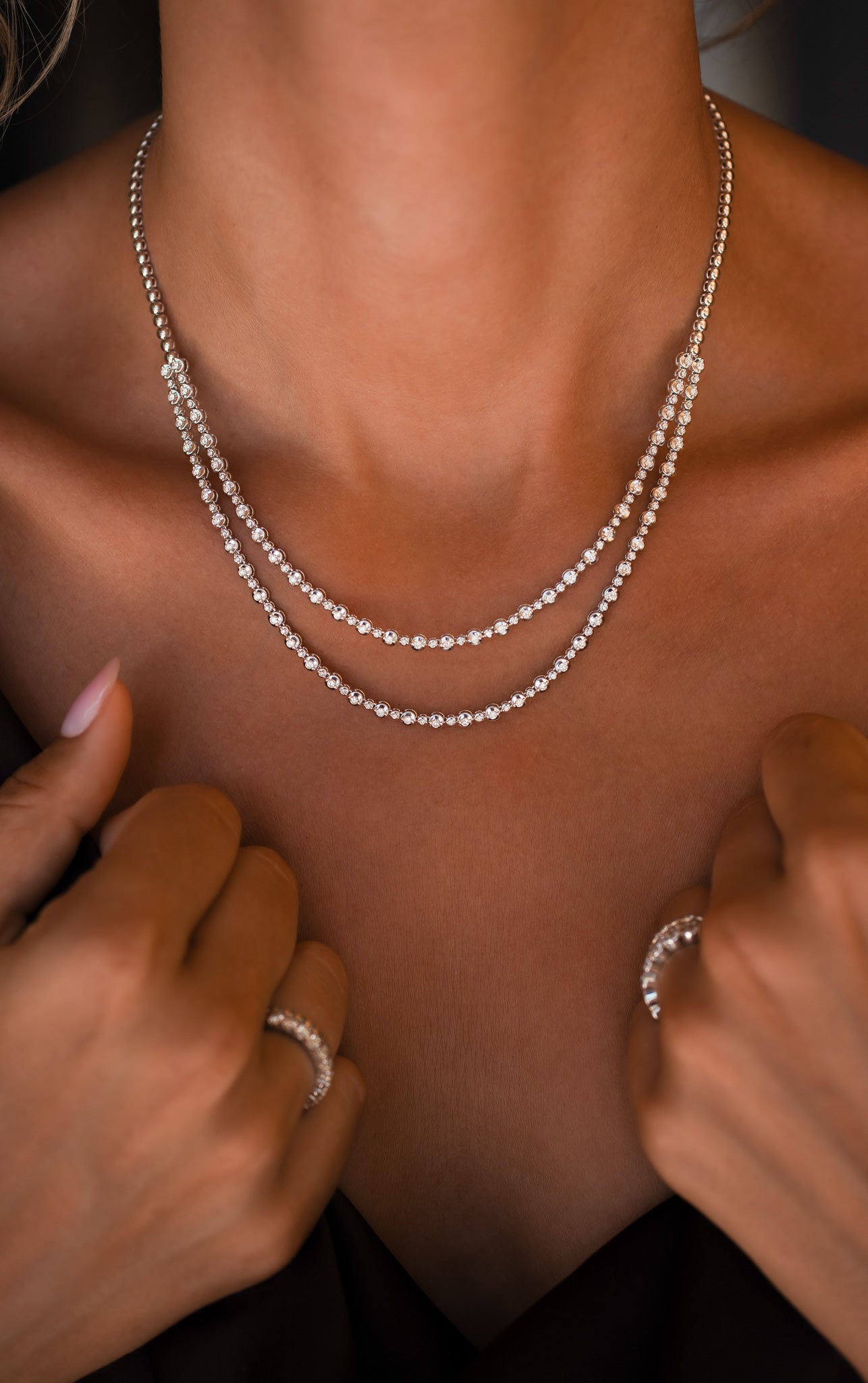 Double Layered Diamond Tennis Necklace - Solid Gold