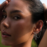A model wearing Silver layered ear cuff set with chains and crystals.
