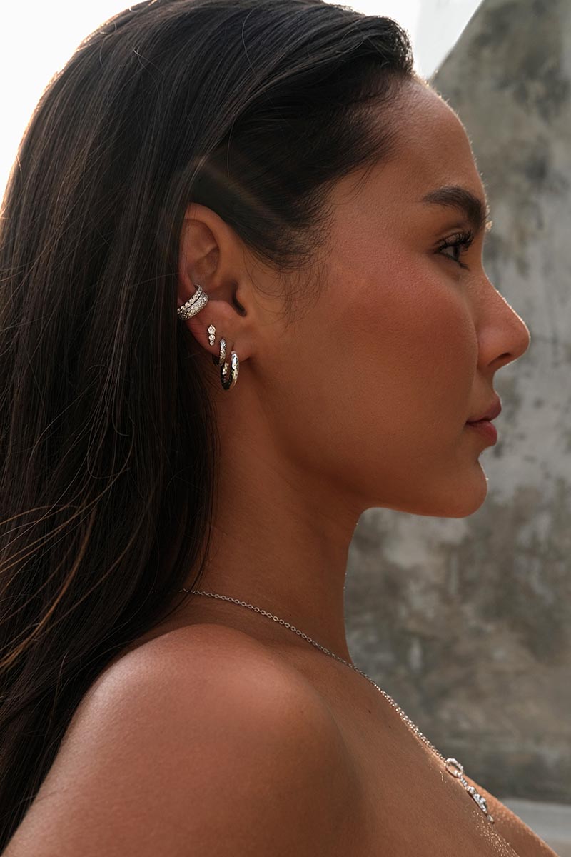 Portrait of a woman wearing diamond silver earrings and a silver necklace.