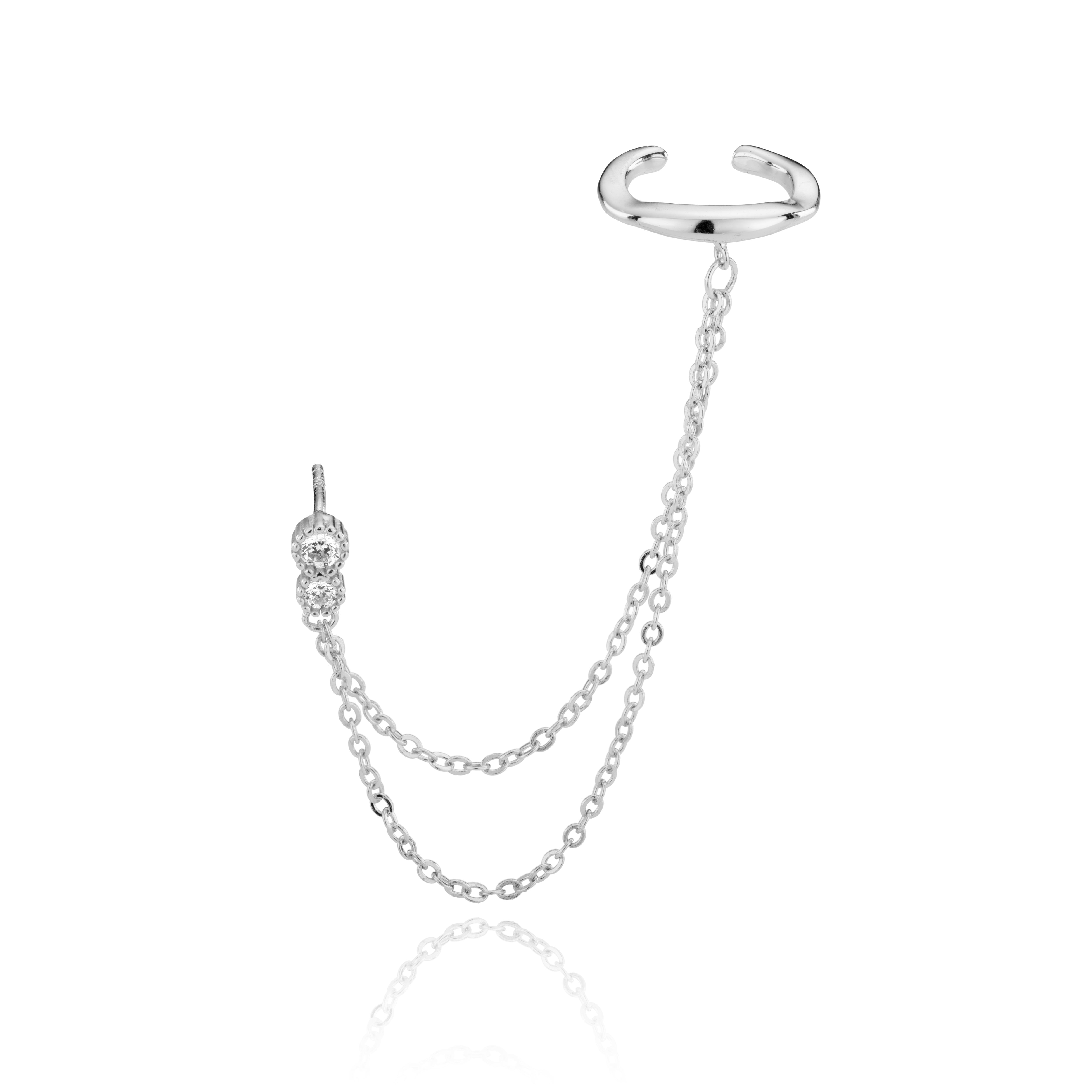 Silver chain cuff hoop earrings with diamond details, elegant design.