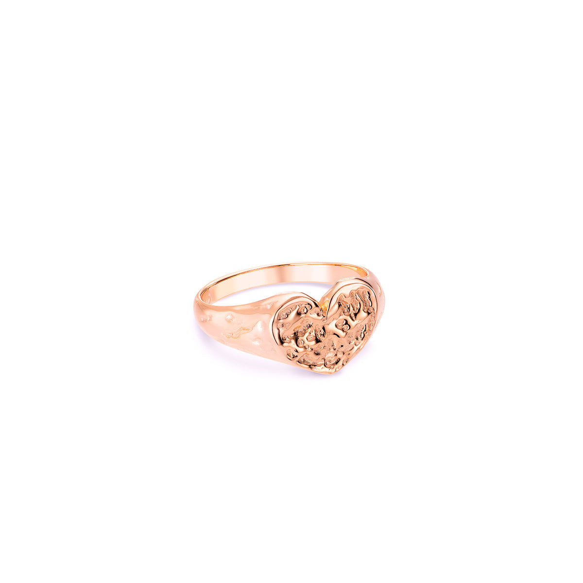 Rose gold heart signet ring with a textured surface design.