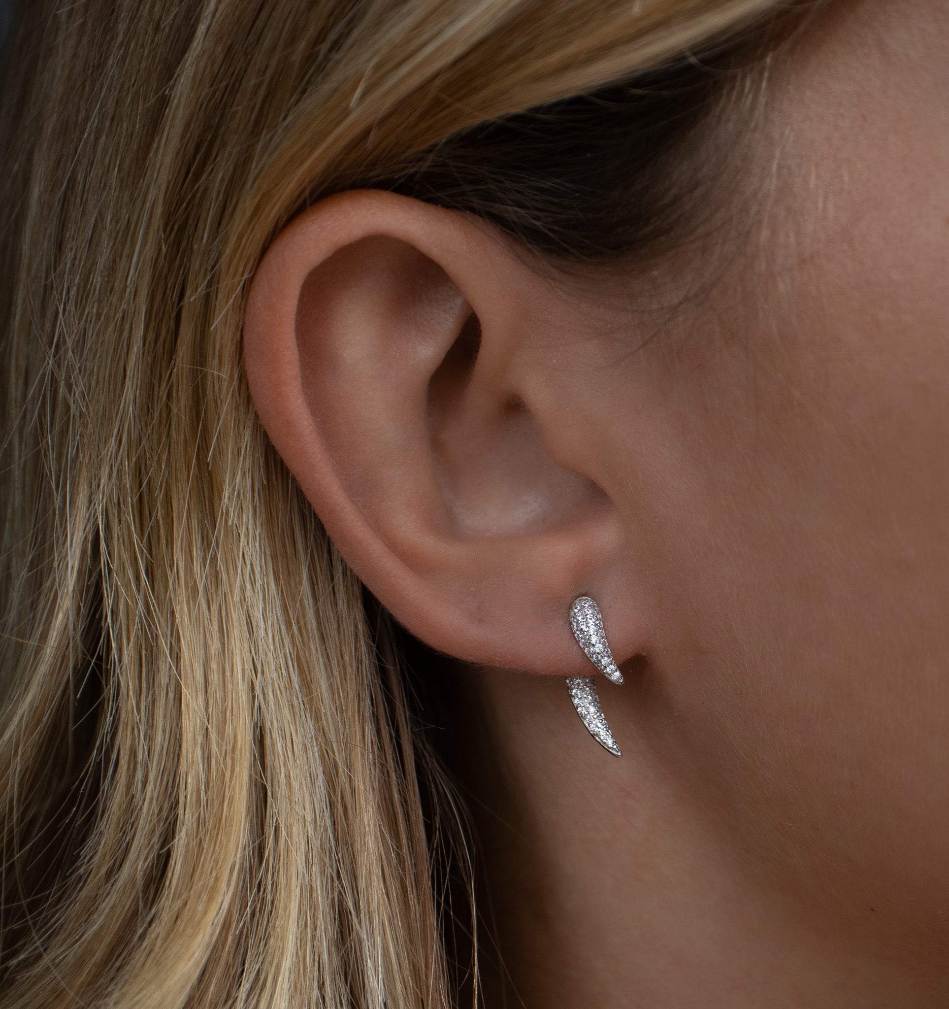 Close-up of ear with silver double stud earrings.