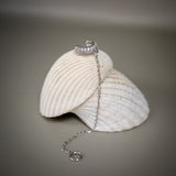 Silver chain earring displayed on white seashells.