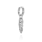 Iris Molten Silver textured hoop earring with dangling crystal charm.