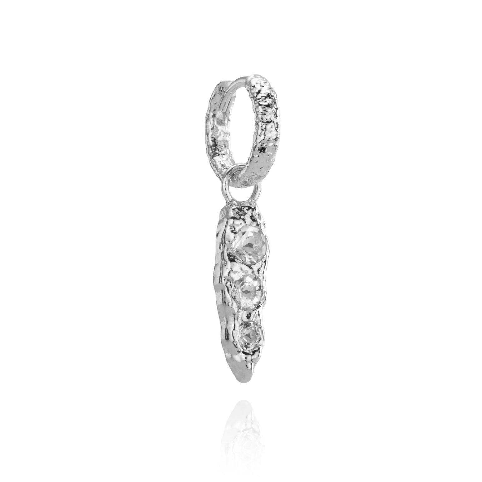 Iris Molten Silver textured hoop earring with dangling crystal charm.