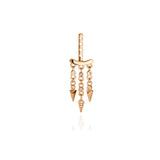 Gold earring with dangling chain and arrow charms.