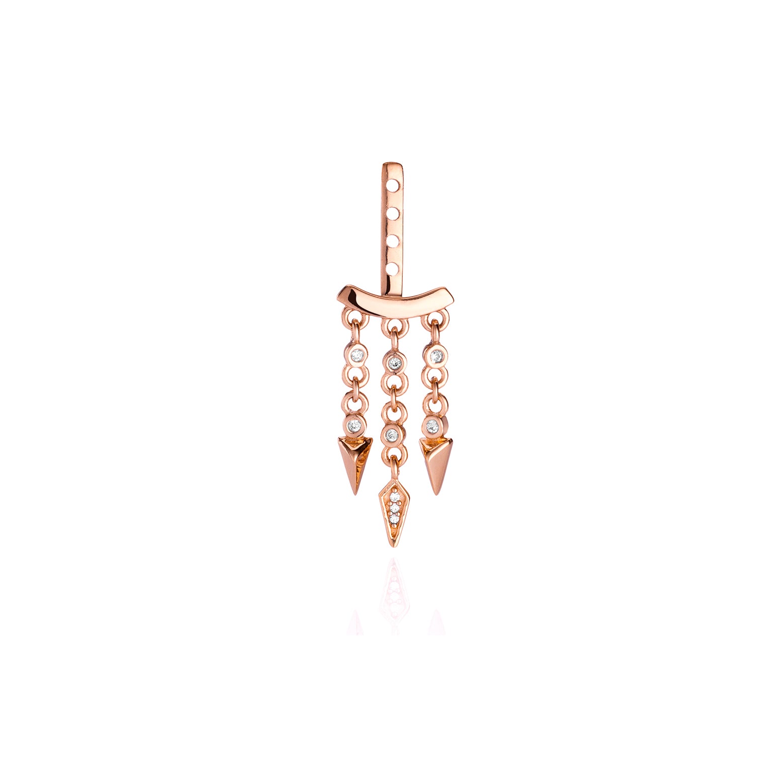 Rose Gold earring with dangling chain and arrow charms.