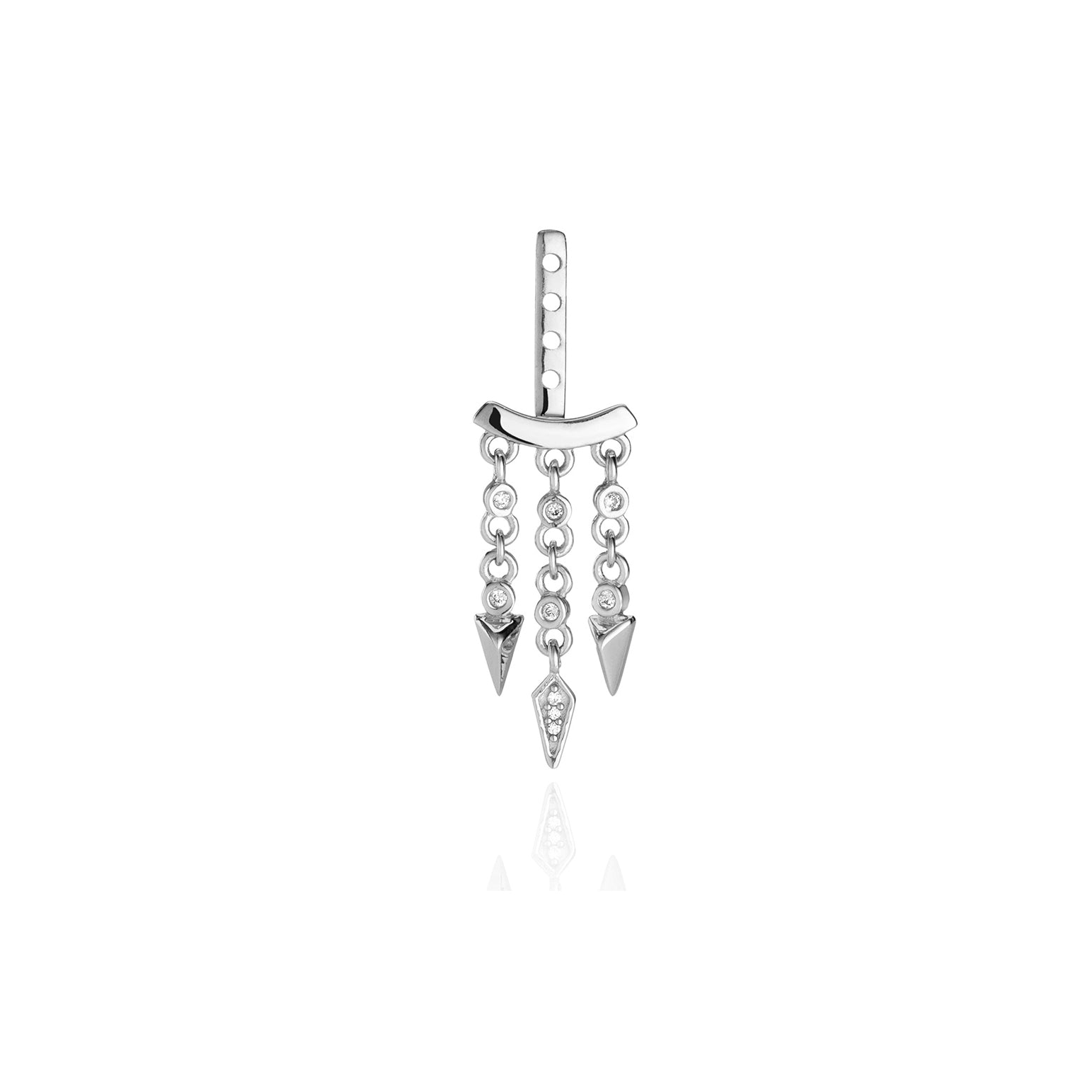 Silver earring with dangling chain and arrow charms.