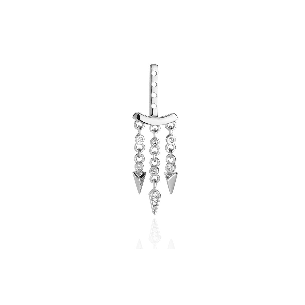 Silver earring with dangling chain and arrow charms.