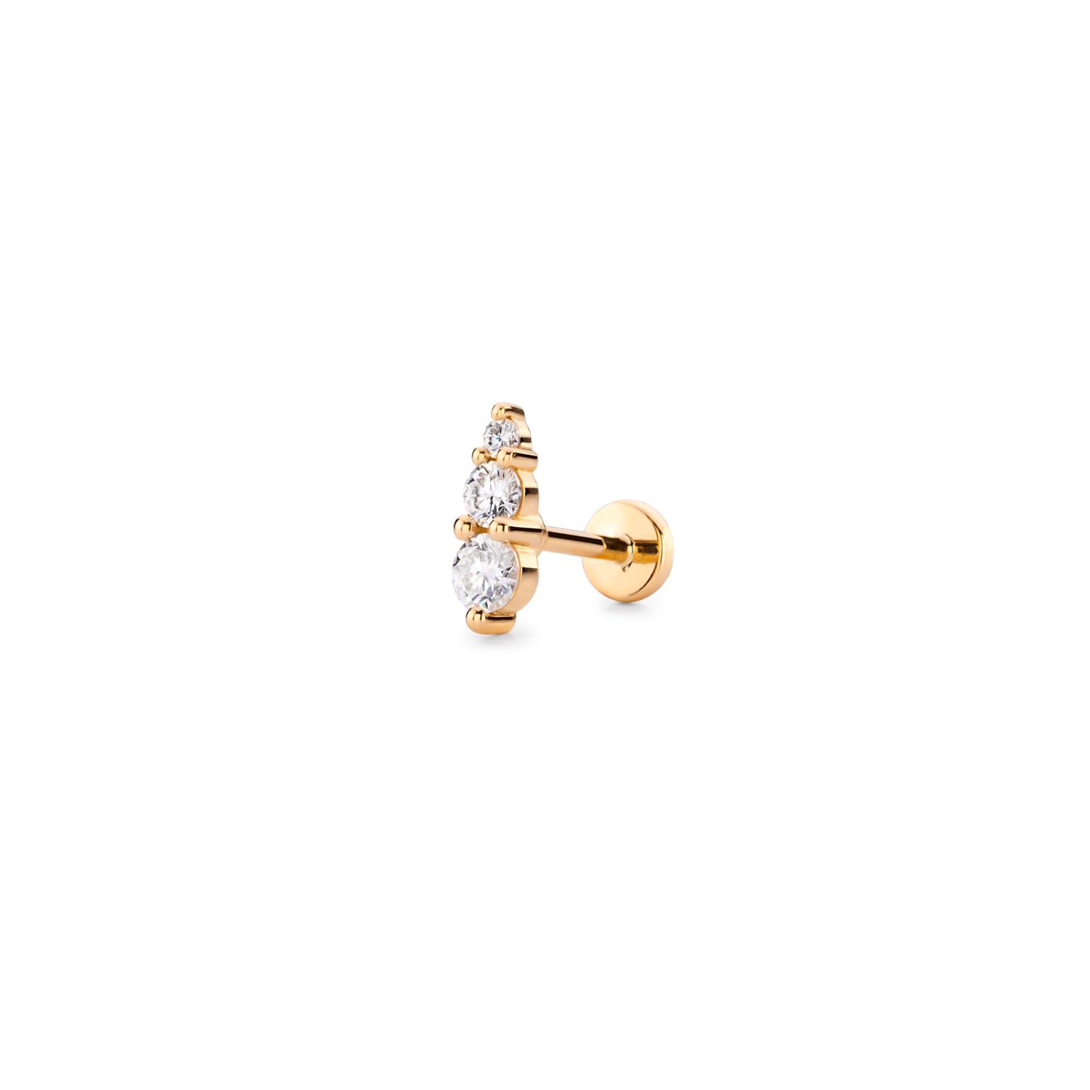 Gold stud earring with three round-cut diamonds in a row.