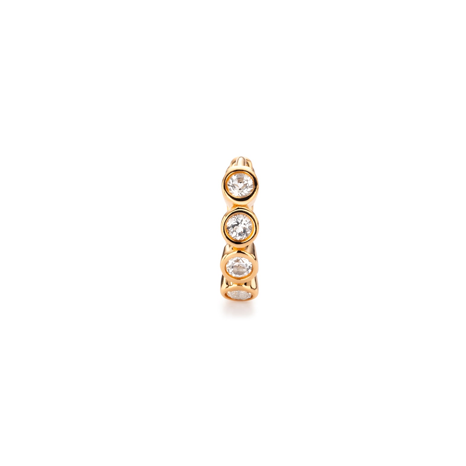 Close up of gold Milano hoop earring with bezel-set gemstones.