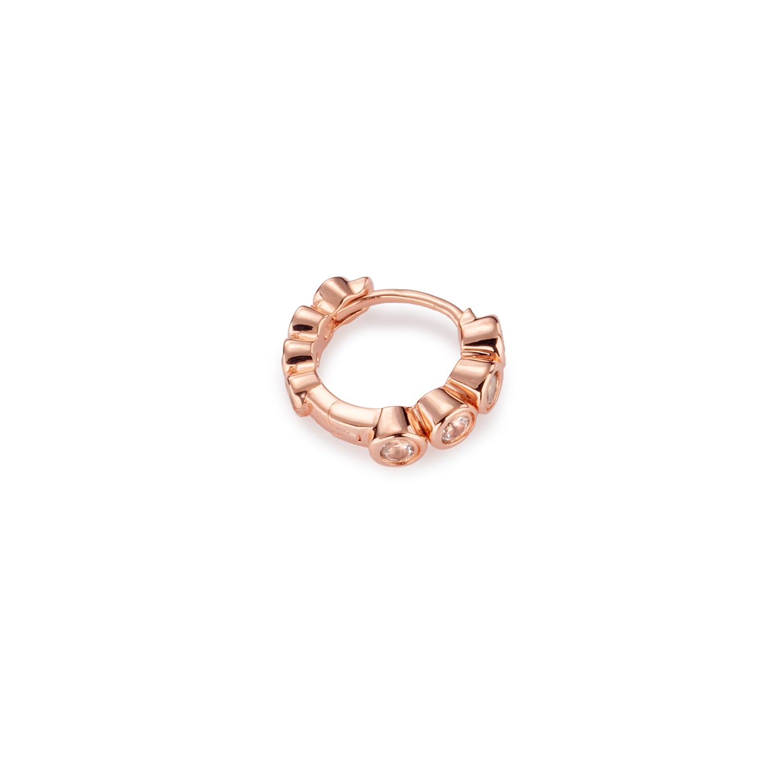 A rose gold Milano hoop earring with bezel-set gemstones.
