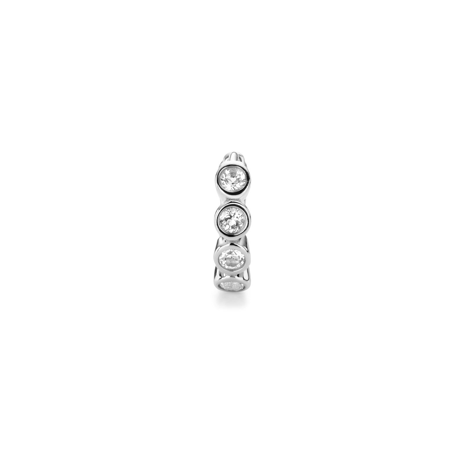 Close up of silver Milano hoop earring with bezel-set gemstones.