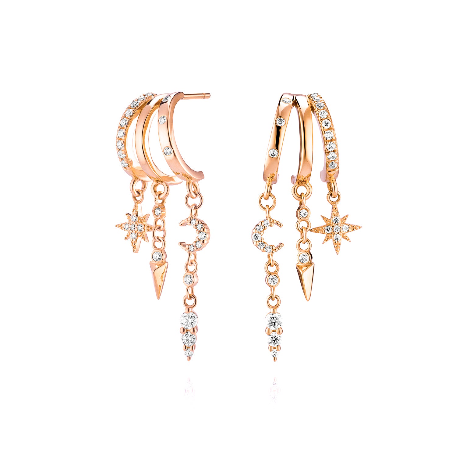 Rose gold double hoop earrings with star, moon, and spikes.